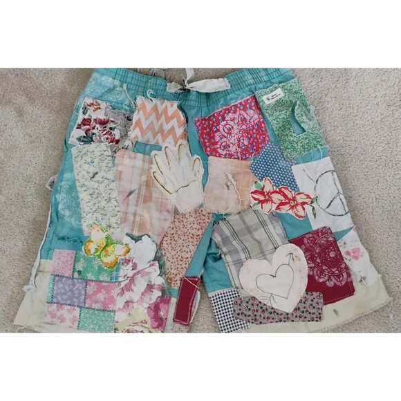 Custom Shorts OOAK Patched Appliques Faded tea dyed Oversized Grungy Miner - Picture 2 of 10